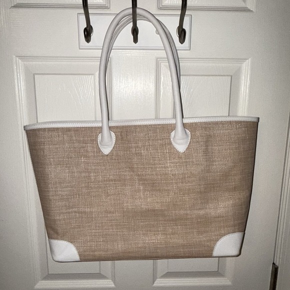 Mark And Graham Large MONTAUK RAFFIA TOTE Straw Summer Tan White Purse Bag - Picture 3 of 14